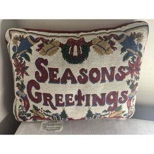 Folksy Tapestry Pillow " Seasons‎ Greetings"-11" x 9" Tree Holiday Xmas